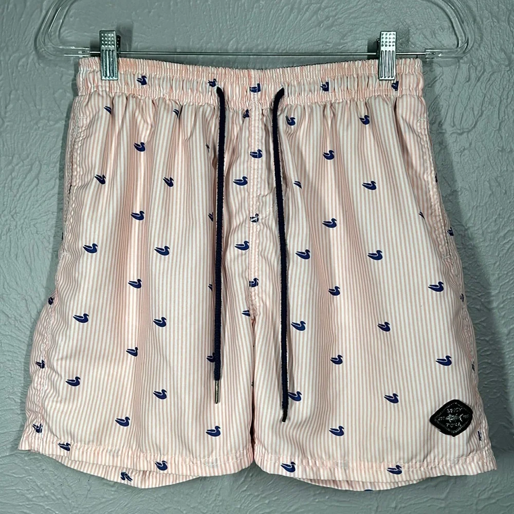 Spicy Tuna Pink Coral & White Striped Duck Print Men's Swim Trunks Size … - Picture 1 of 10